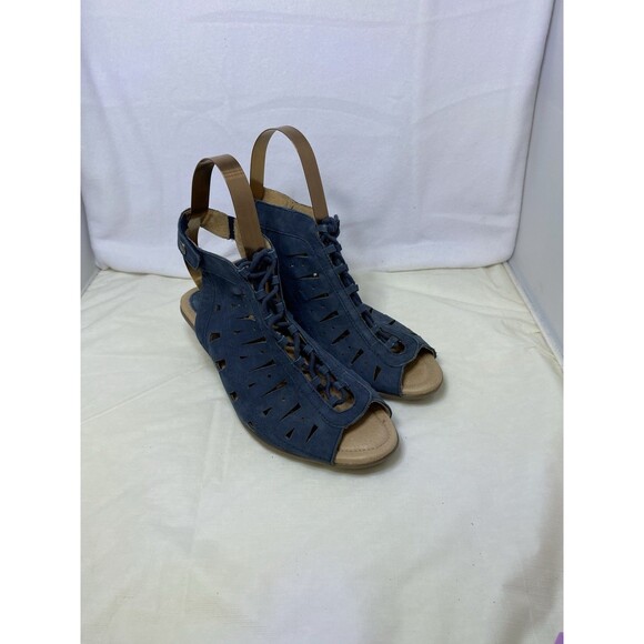 EARTH Kristen Lace Up NAVY BLUE Nubuck Leather Block Heel Sandals Sz 8.5 B - Picture 1 of 9